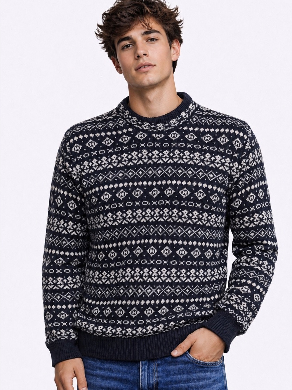 Vintage West Coast Dark Blue and White Patterned Men's Sweater